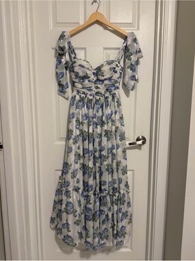 White Maxi Dress with Blue & Green Floral Print and Tie Shoulders